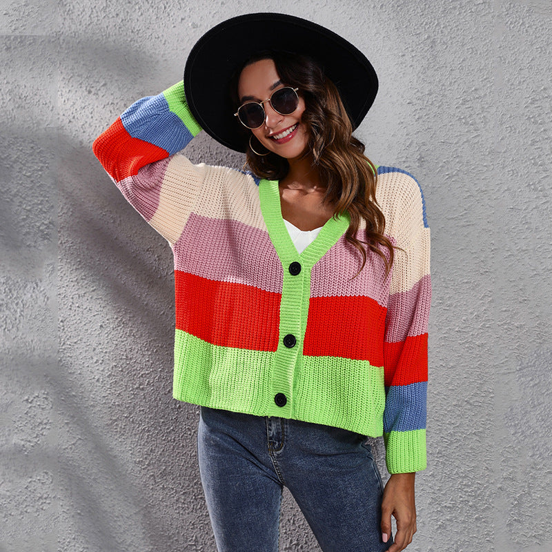 Ladies fashionable cardigan with colorful striped pattern and button details Ivyshape