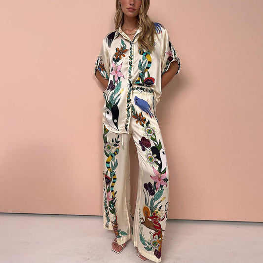 IvyShape | Casual Style Printed Shirt and Loose Pants Set