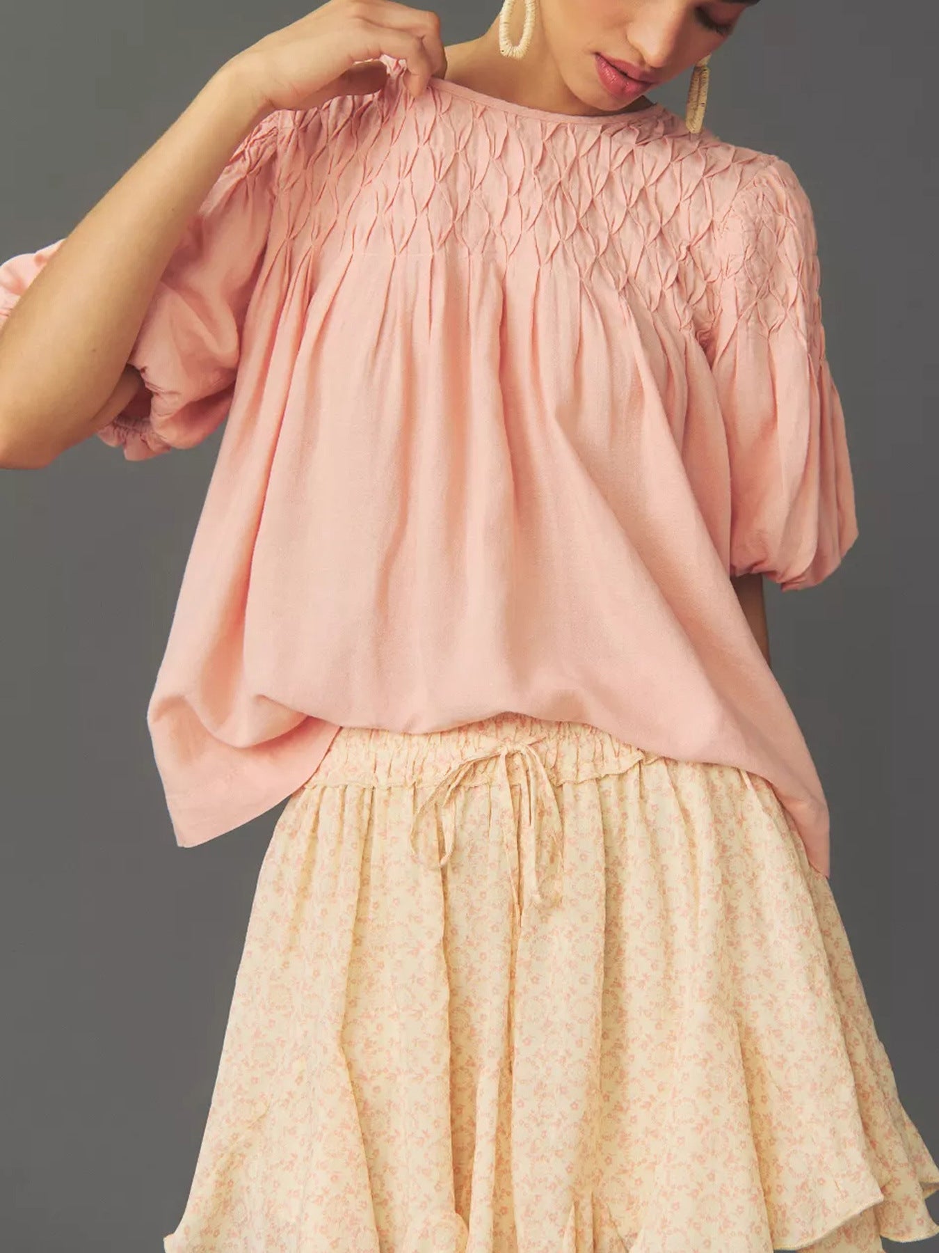 IvyShape | Puff Sleeve Pleated Cotton Linen Solid Color Short Sleeve Shirt