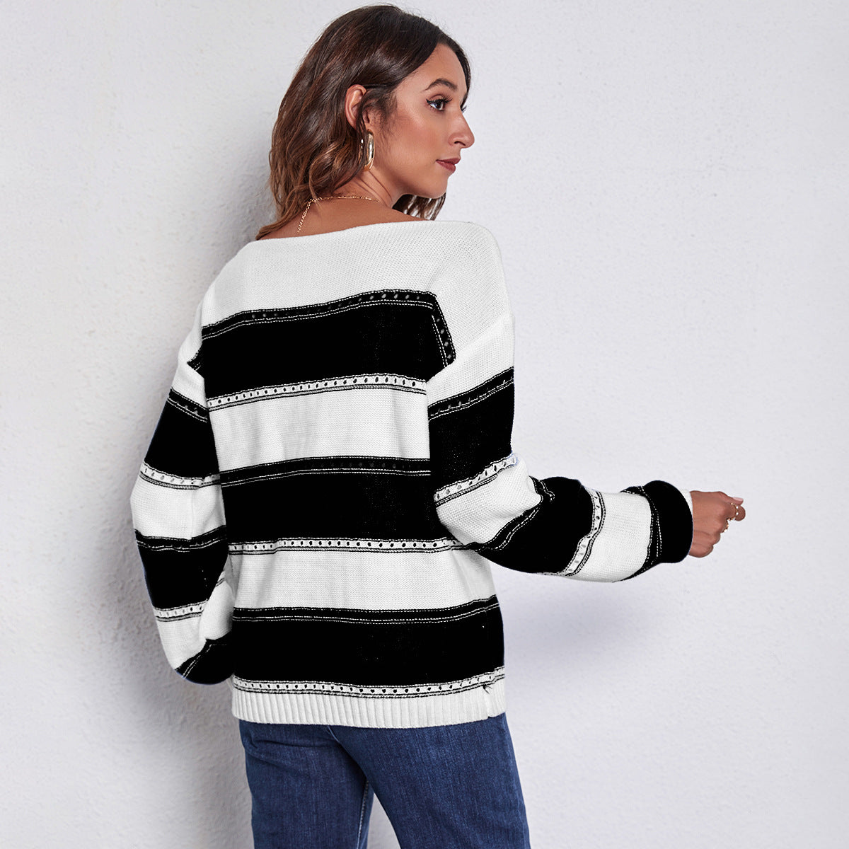 Women's casual sweater with modern lace pattern and stripe design Ivyshape