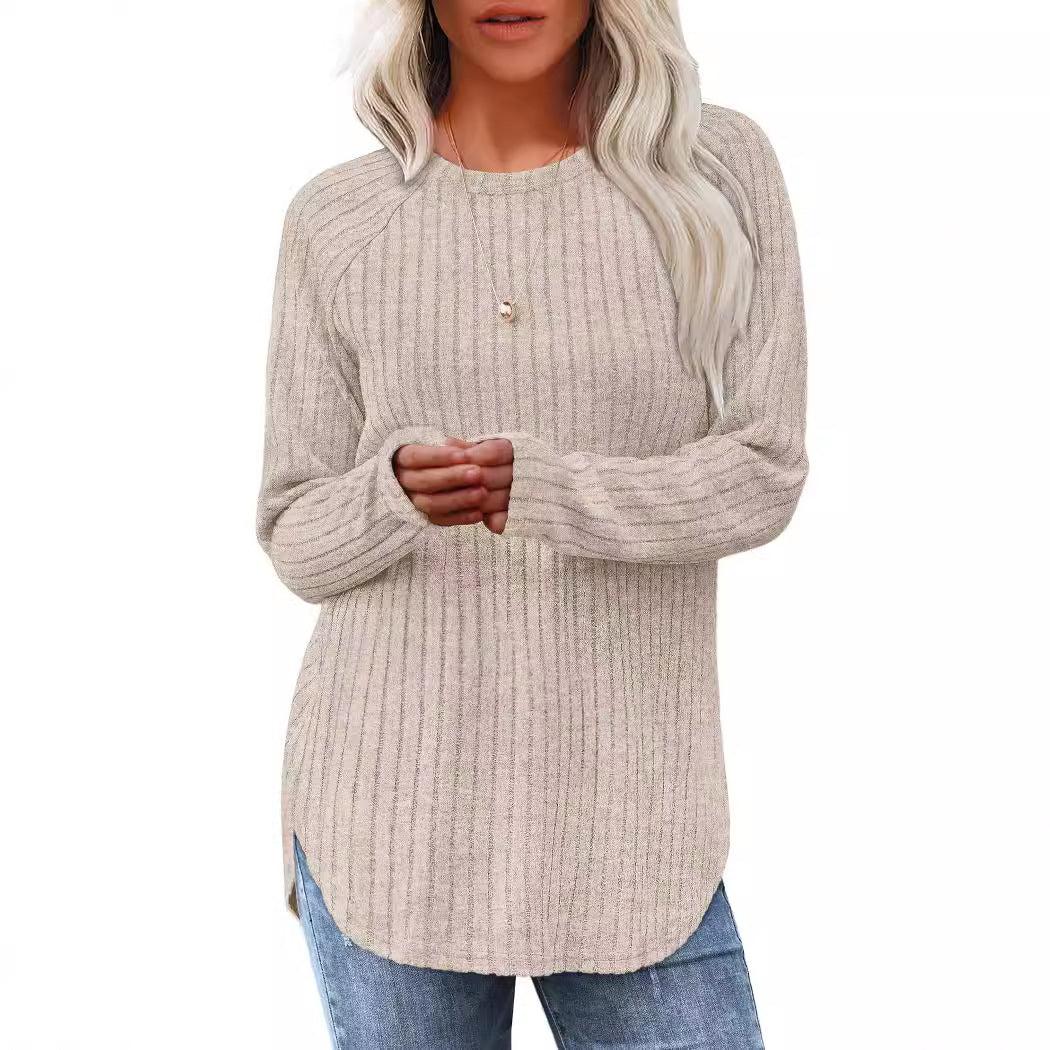 Women casual long sleeve sweater with textured rib design Ivyshape