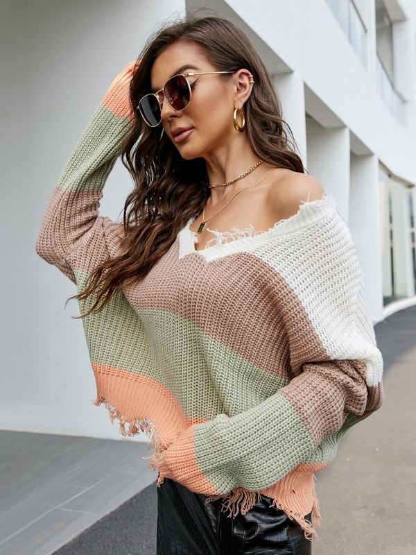 IvyShape | V-neck fringe sweater