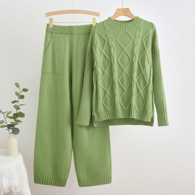 IvyShape | Twisted knit sweater and wide pants set