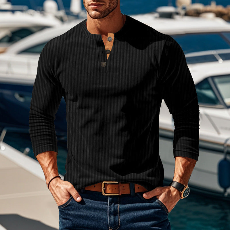 Men's Long Sleeve Henley Shirt with Textured Design and Button Details Ivyshape