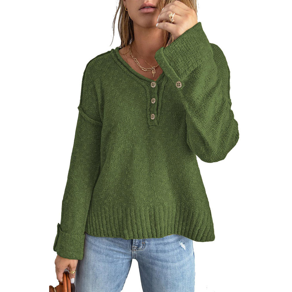Ladies casual knit sweater with button placket and loose fit Ivyshape