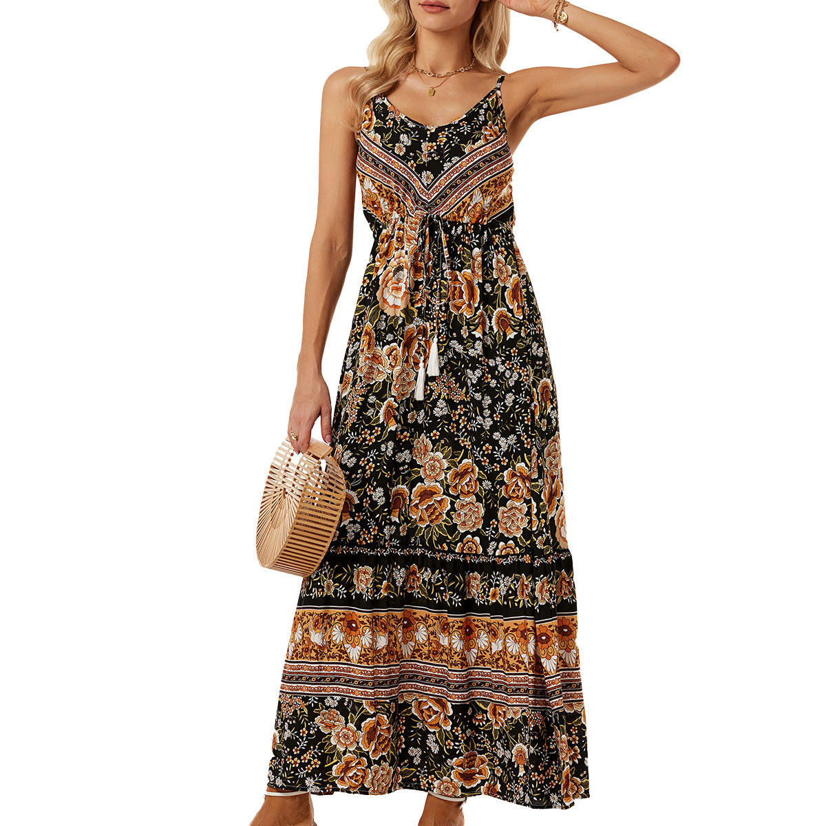 Women's Flower Bohemian Maxi Dress with Adjustable Strap Ivyshape