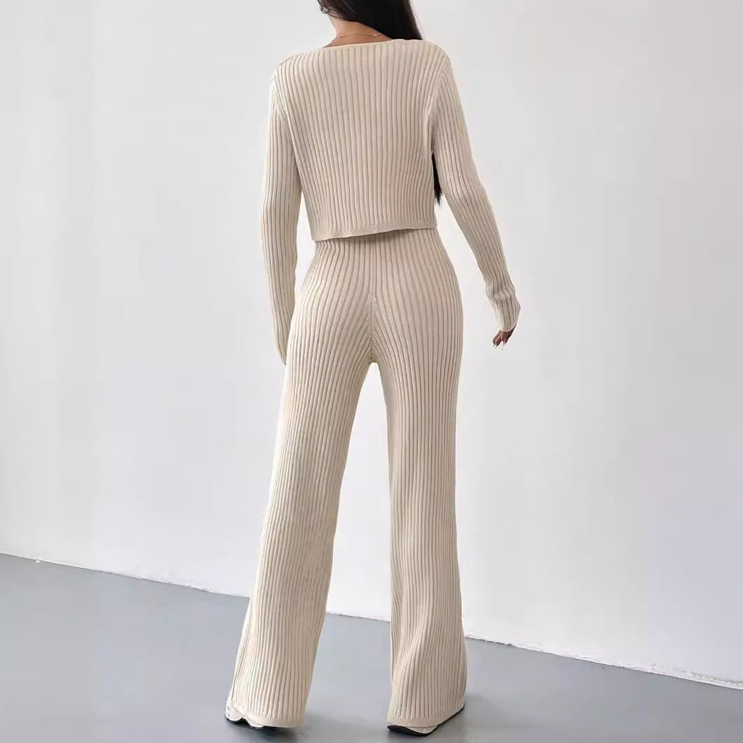 IvyShape | V-Neck Ribbed Knitted Two-Piece Set