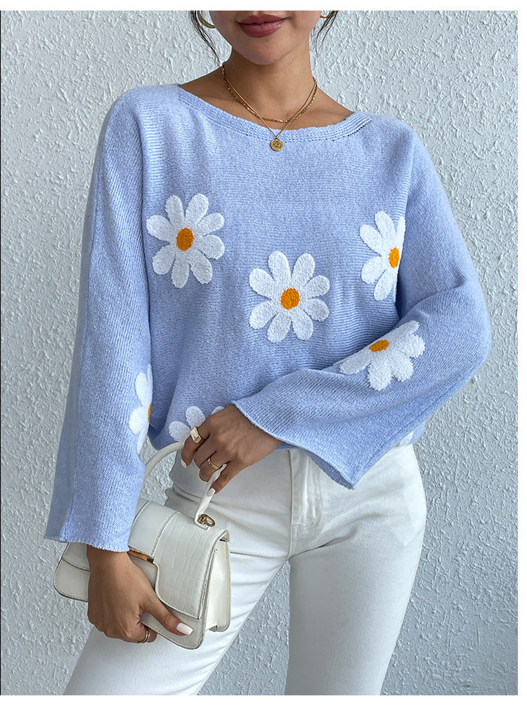 IvyShape | Floral Embroidery One-Shoulder Pullover Sweater