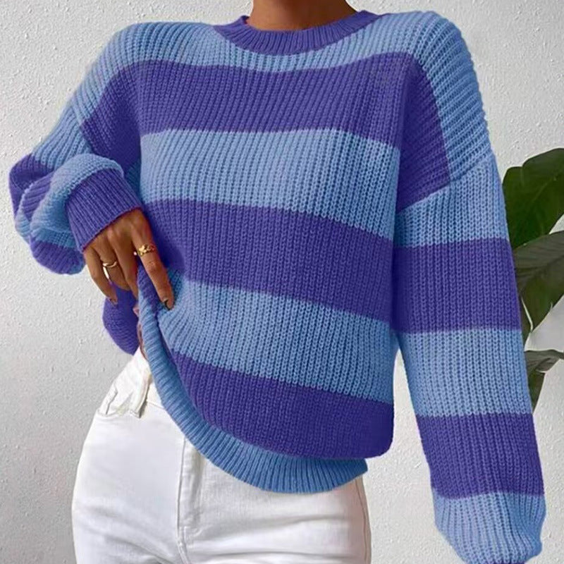 IvyShape | Striped Loose Long Sleeve Knit Sweater