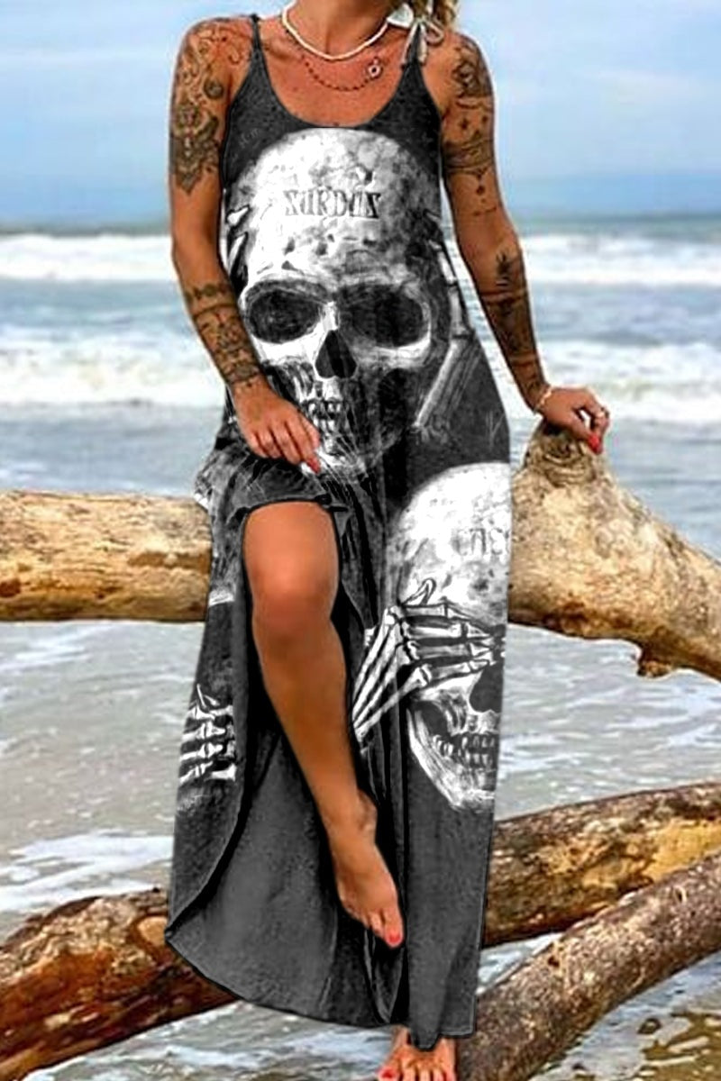 Horror Skull Print Slit Long Suspender Dresses