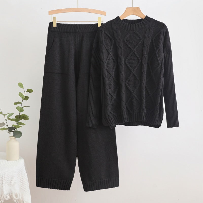 IvyShape | Twisted knit sweater and wide pants set