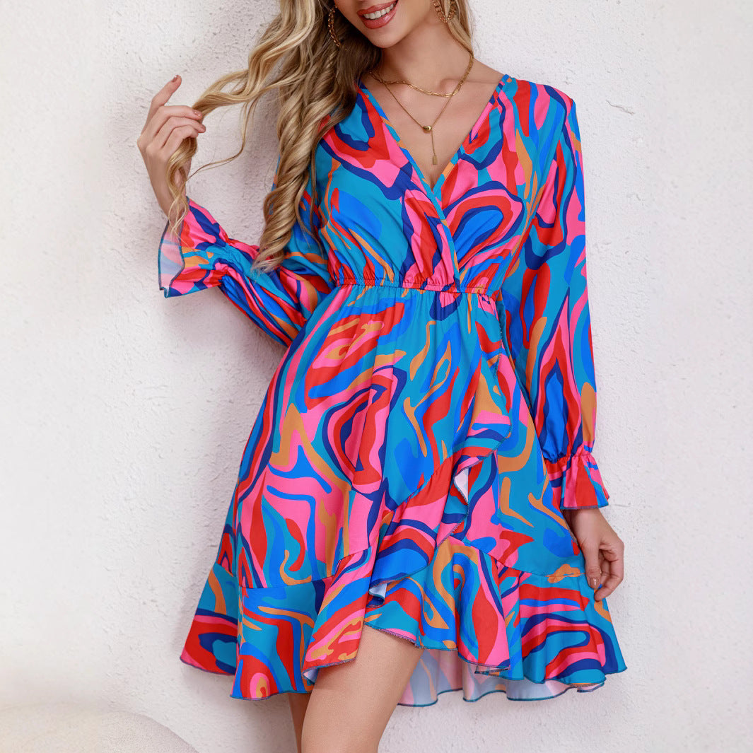 Women's Short Dress with Wrap Design and Cheerful Pattern Ivyshape