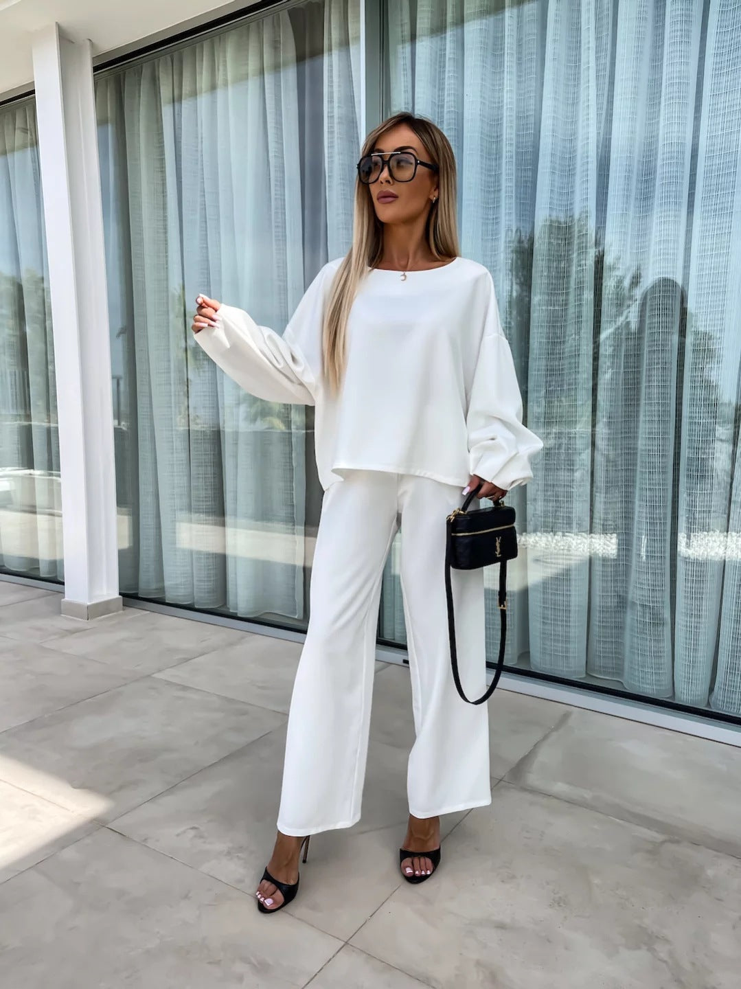 Women elegant two-piece set with oversized blouse and wide pants Ivyshape