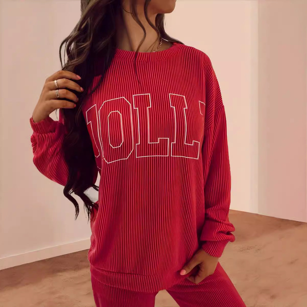 Women's Casual Sweatset with Ribbed Texture and Eye-Catching Lettering Ivyshape