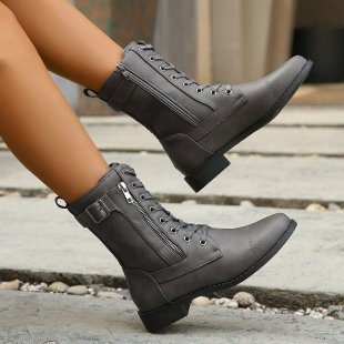 Ladies fashionable leather boots with side zipper and lacing Ivyshape