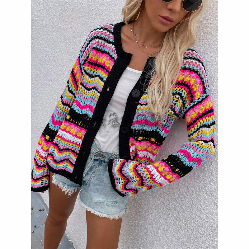 sweater women loose plus size rainbow knit sweater button cardigan