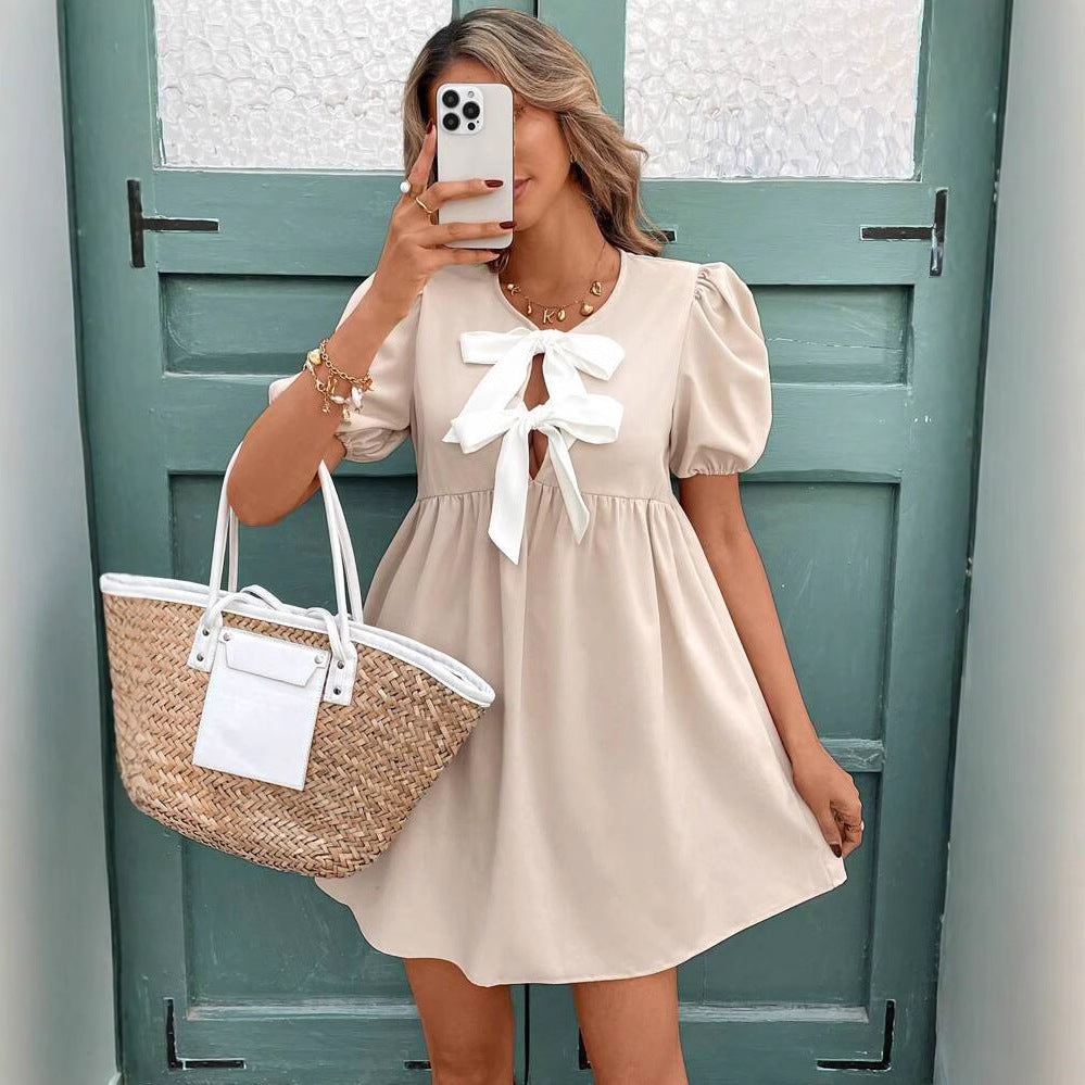 Ladies Summer Formal Dress with Bow Neckline and Puff Sleeves Ivyshape