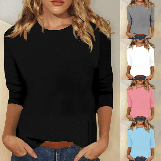 IvyShape | Round Neck Three-Quarter Sleeve Solid Color Tee