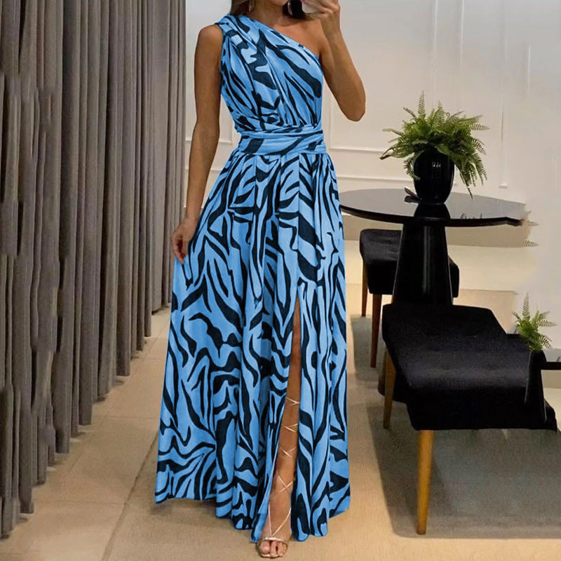 IvyShape | Alluring Backless One-Shoulder Printed Long Dress