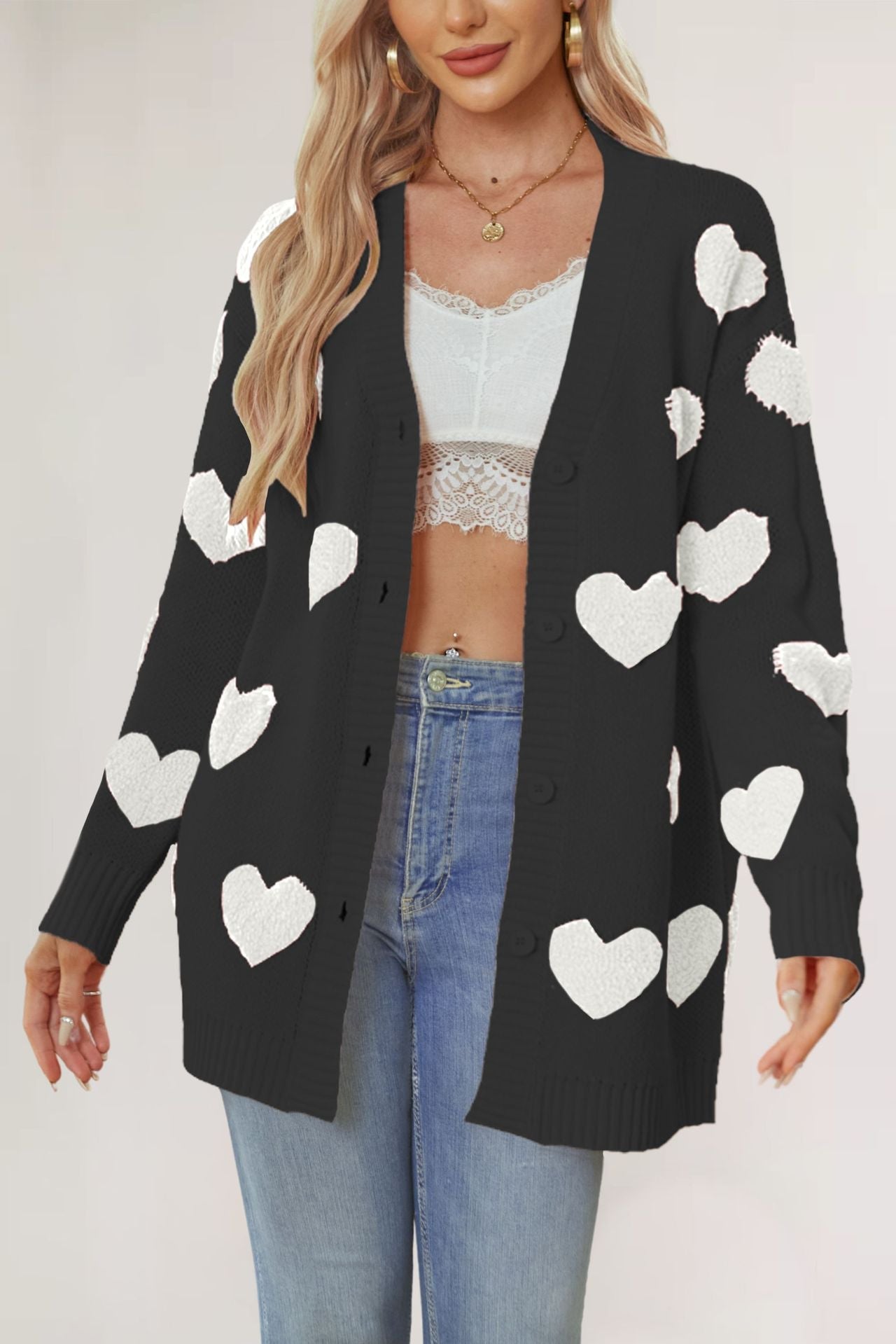 IvyShape | Valentine's Day V-neck Heart Cardigan