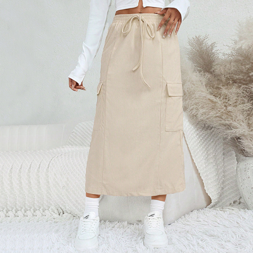 IvyShape | Straight Split Long Skirt Drawstring Utility Half Skirt