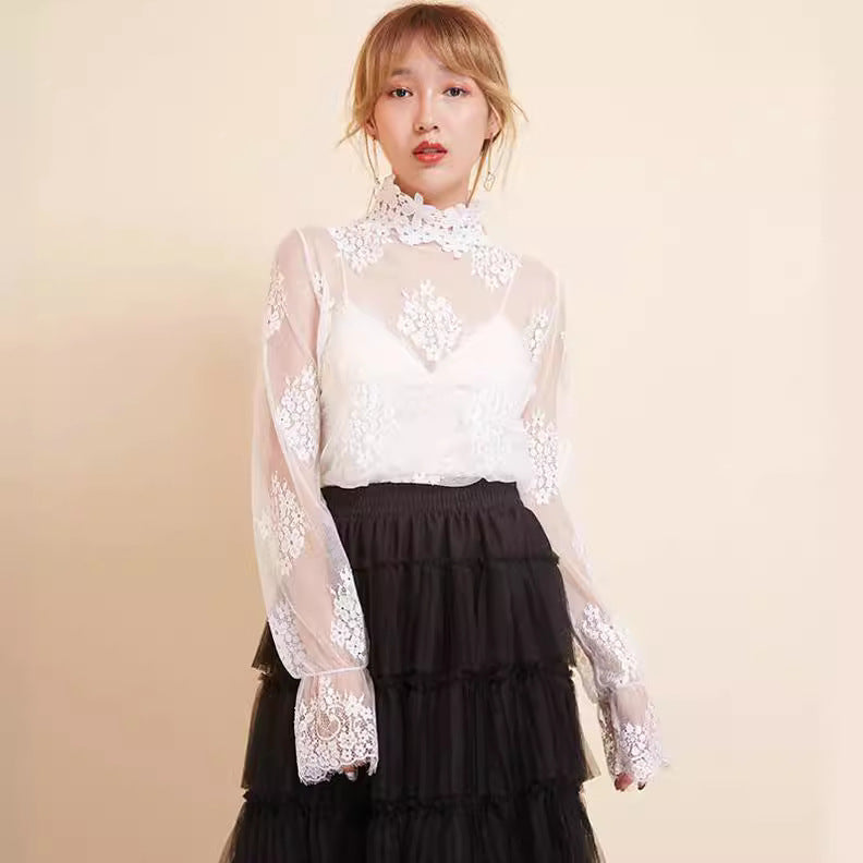 Women Elegant Transparent Blouse with Lace Appliqués Ivyshape