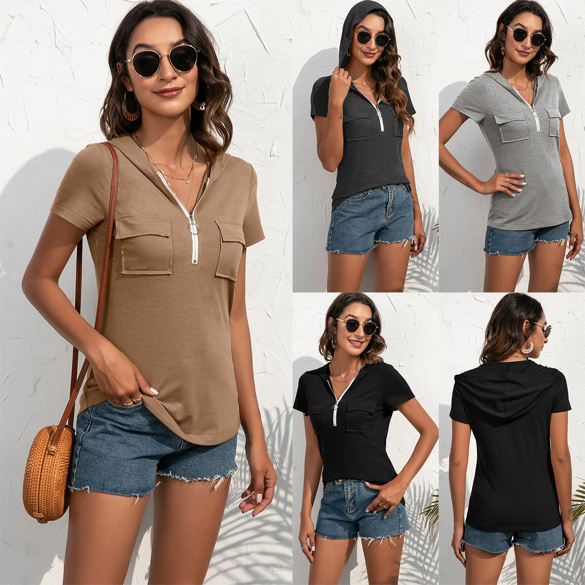 Women's Short Sleeve Hoodie Top with Practical Pockets and Zipper Ivyshape