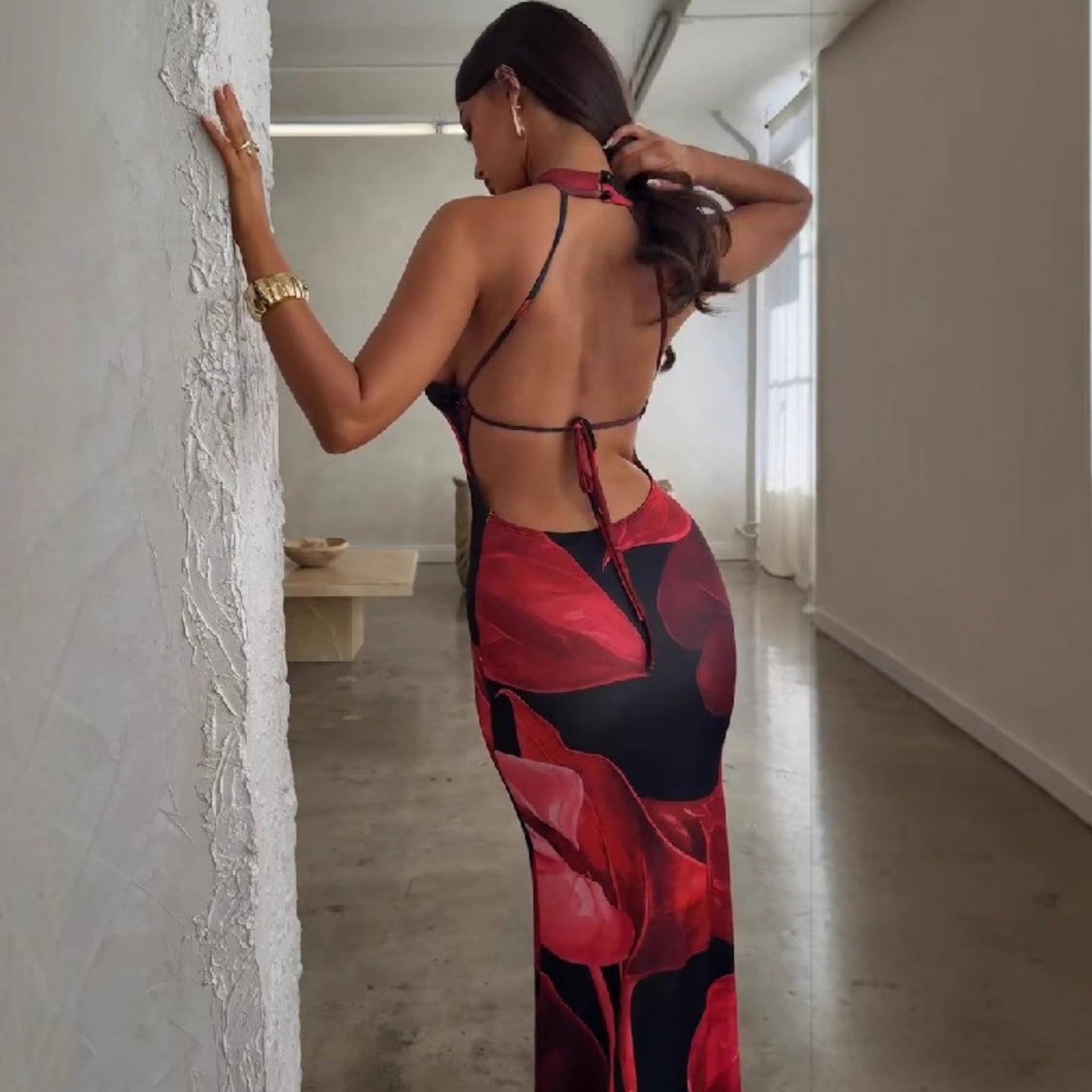 Women Figure-hugging Maxi Dress with Floral High-neck Design Ivyshape