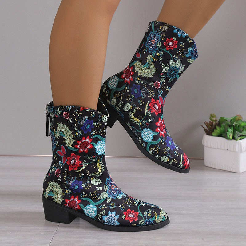 Ladies' fashionable mid-cut boots with floral patterns and comfortable block heel Ivyshape