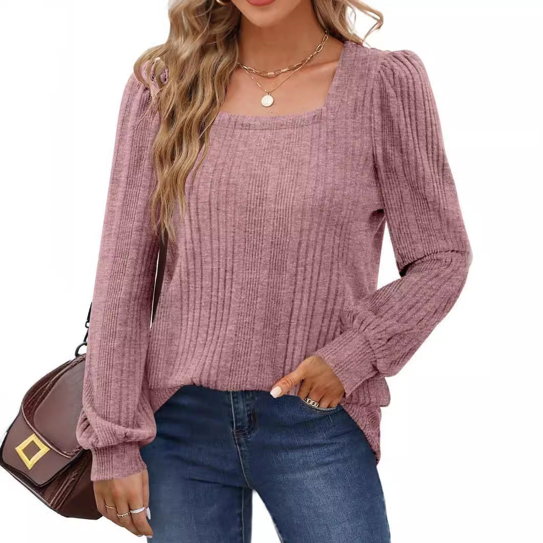 Women's fashionable sweater with textured rib pattern and puff sleeves Ivyshape