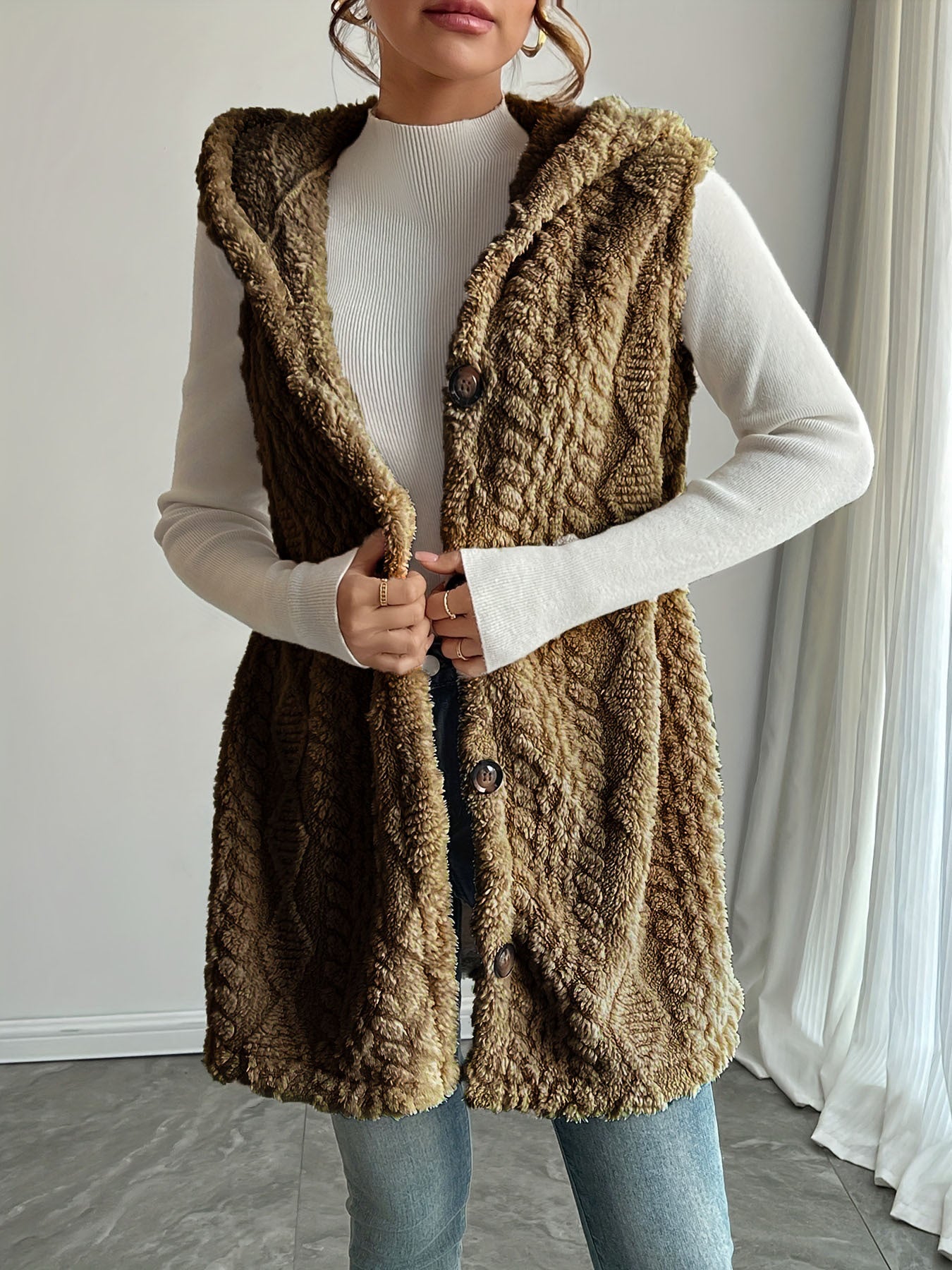 Women's hooded vest made of cozy material with button placket Ivyshape