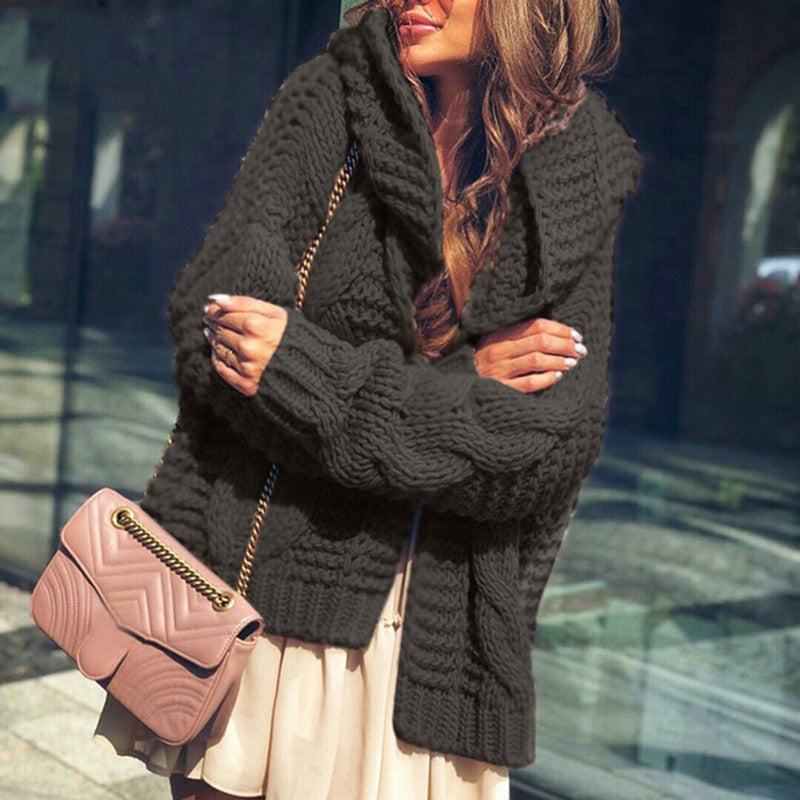 Women's chunky knit cardigan in a casual oversized style with shawl collar and large pockets Ivyshape