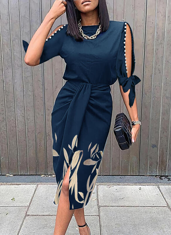 Elegant midi dress for women with stylish cut-out sleeves Ivyshape