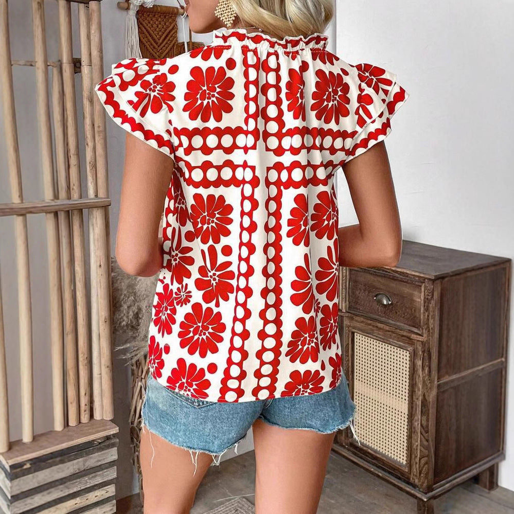 Ladies blouse with floral ruffle details and fresh design Ivyshape
