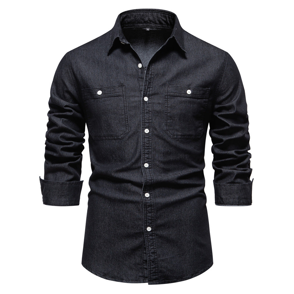 Men's denim shirt with double chest pockets and classic collar Ivyshape