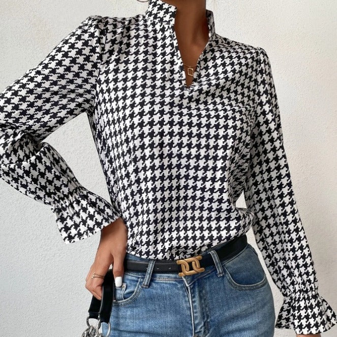 Ivyshape | V-Neck Long Sleeve Top In Houndstooth Pattern