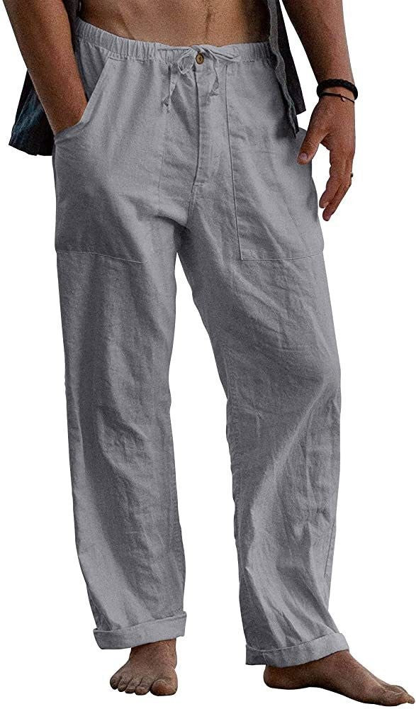 Men's Relaxed Fit Linen Pants with Elastic Waistband and Practical Pockets Ivyshape