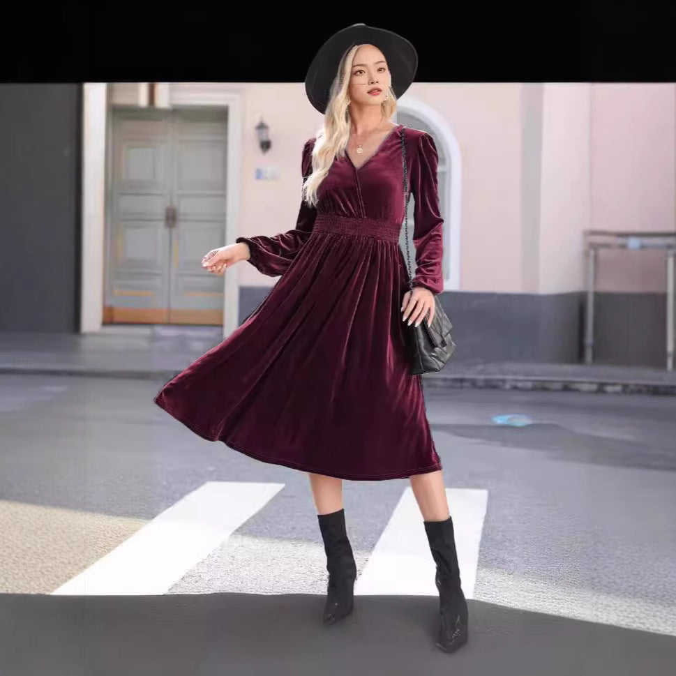 Women Elegant Velvet Maxi Dress with V-Neck and Slim Waist Ivyshape