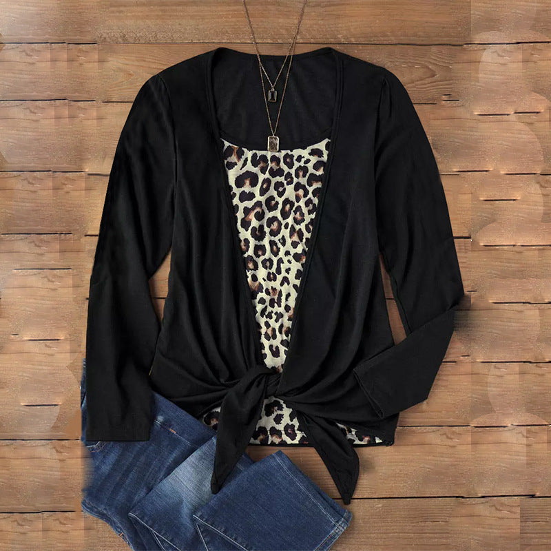 IvyShape | Leopard Print Spliced Faux Two-Piece Long Sleeve Top