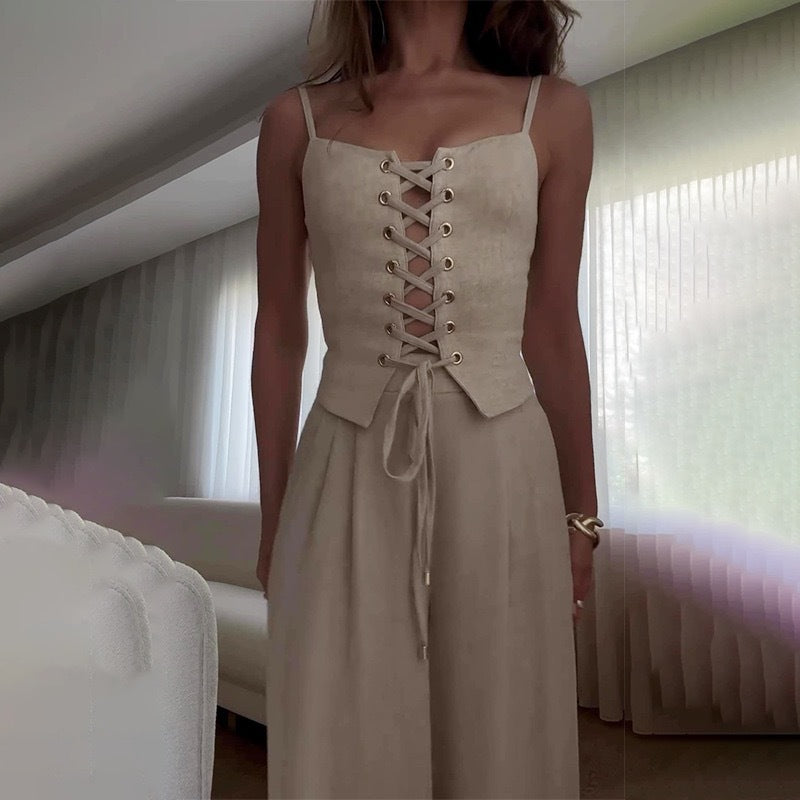 Women's jumpsuit with feminine lacing and wide-cut leg Ivyshape