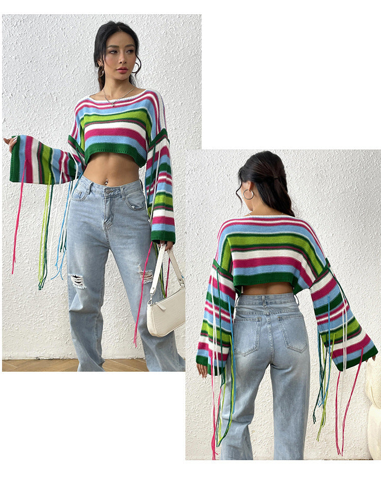 IvyShape | Rainbow striped fringed crop pullover