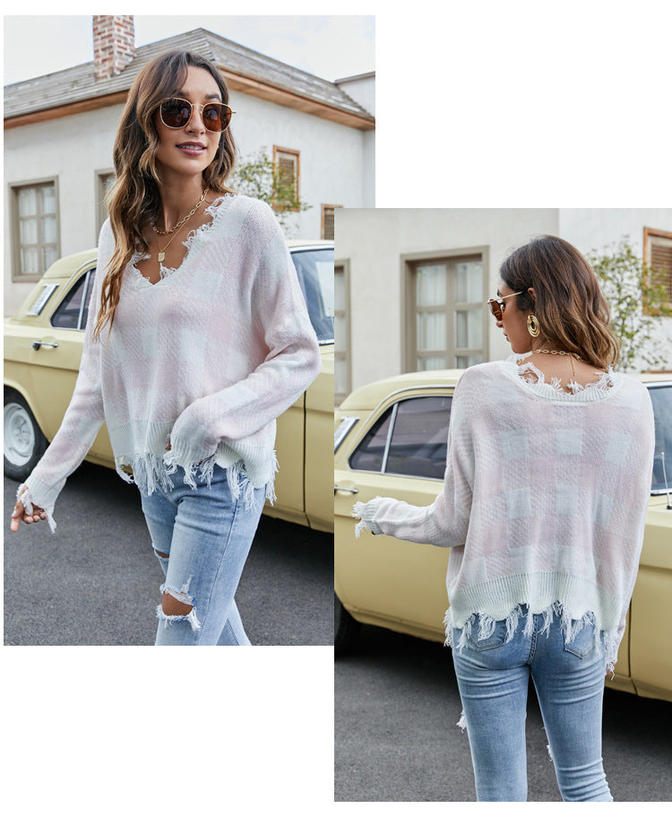 IvyShape | V-neck fringe sweater