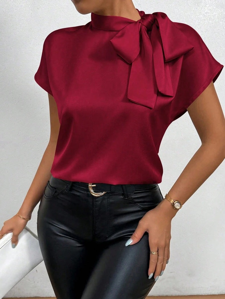 Ivyshape | Satin blouse Short sleeve High collar With bow Elegant relaxed fit