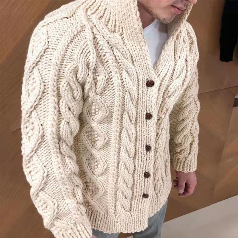 Men's chunky knit cardigan with classic stand-up collar and button closure Ivyshape