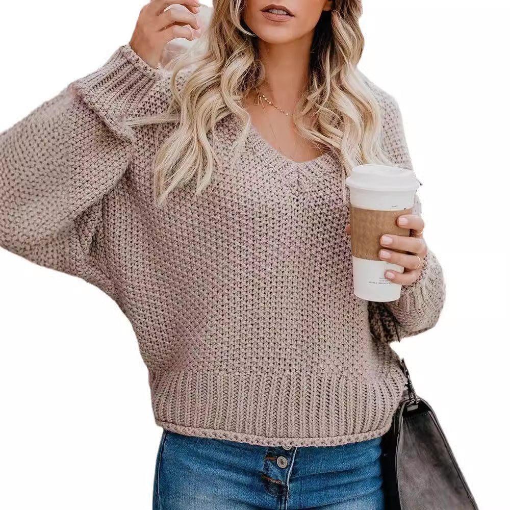 Women's casual V-neck sweater with a loose fit and textured knit Ivyshape