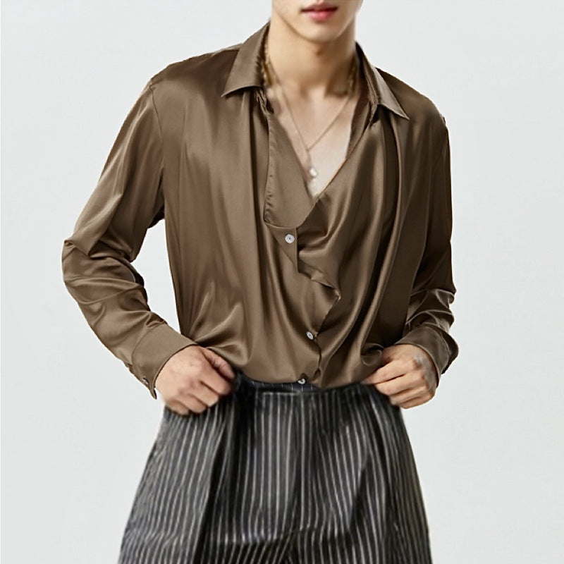 Men's Elegant Long Sleeve Shirt with Draped Button Placket and Silky Finish Ivyshape