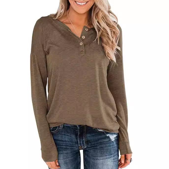 Women's Fashion Long Sleeve Henley Shirt with Button Placket Ivyshape