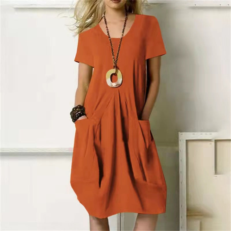 Ivyshape | Solid Color Dress with Loose Round Neck and Short Sleeves