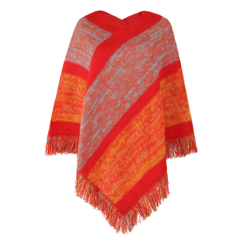 stripe knitted cape fringed cape