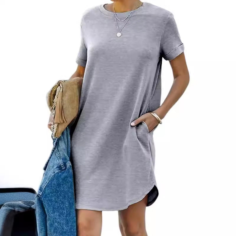 Women's Casual Dress with Pockets and Round Neck Ivyshape
